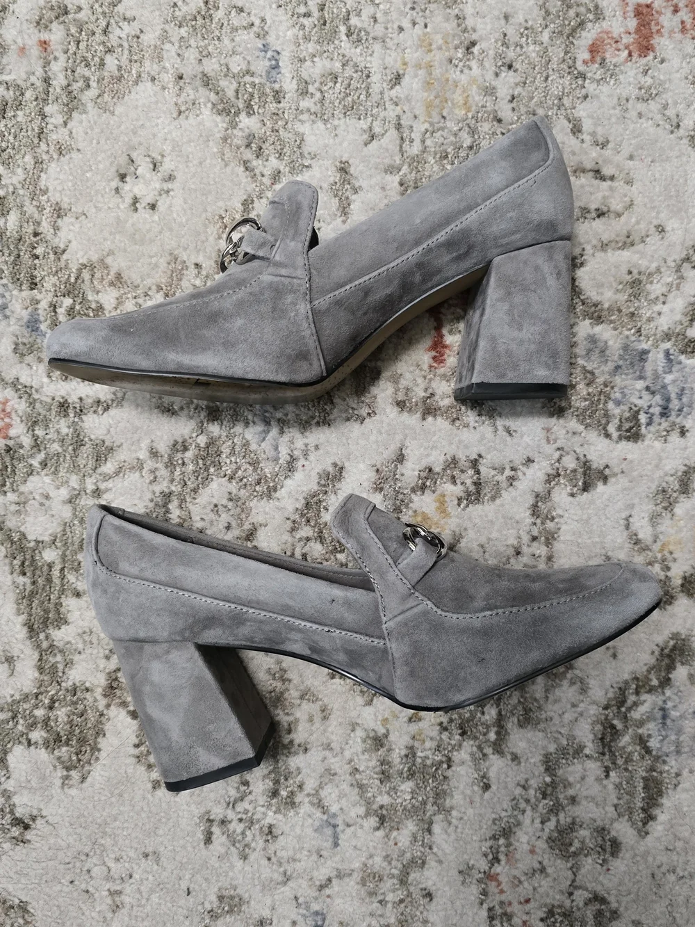 Bella-Vita Grey Suede Chain Loafers Heels Size 8.5